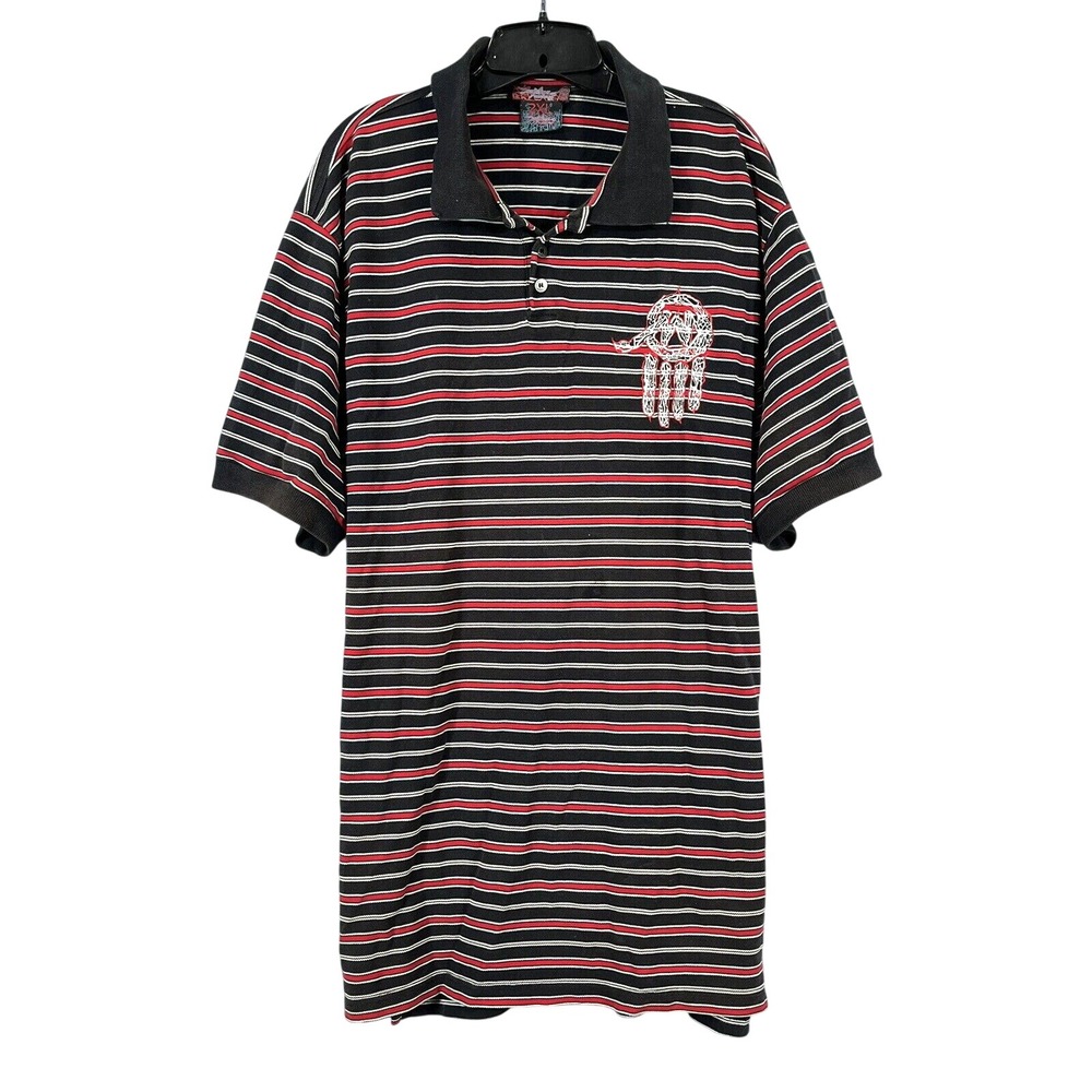 VTG Y2K MISKEEN Men's BLACK/RED Striped Embroidered HAND Logo POLO SHIRT Sz 2XL